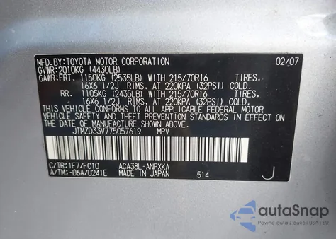 2007 Toyota Rav4 z USA, uszkodzony, nr VIN JTMZD33V775057619